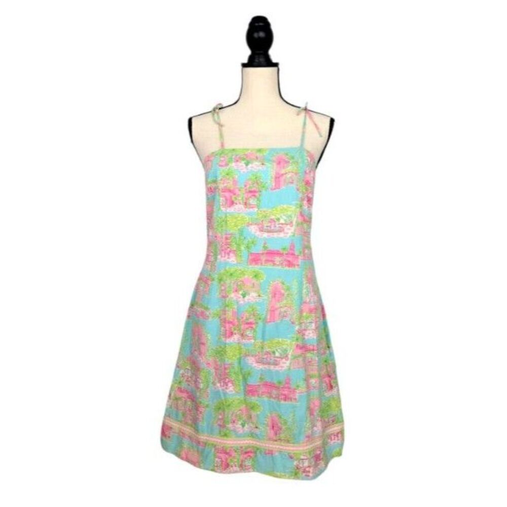 Lilly Pulitzer VTG Palm Beach Toile Cotton Sundress Tie Strap Size 8 Pink Blue